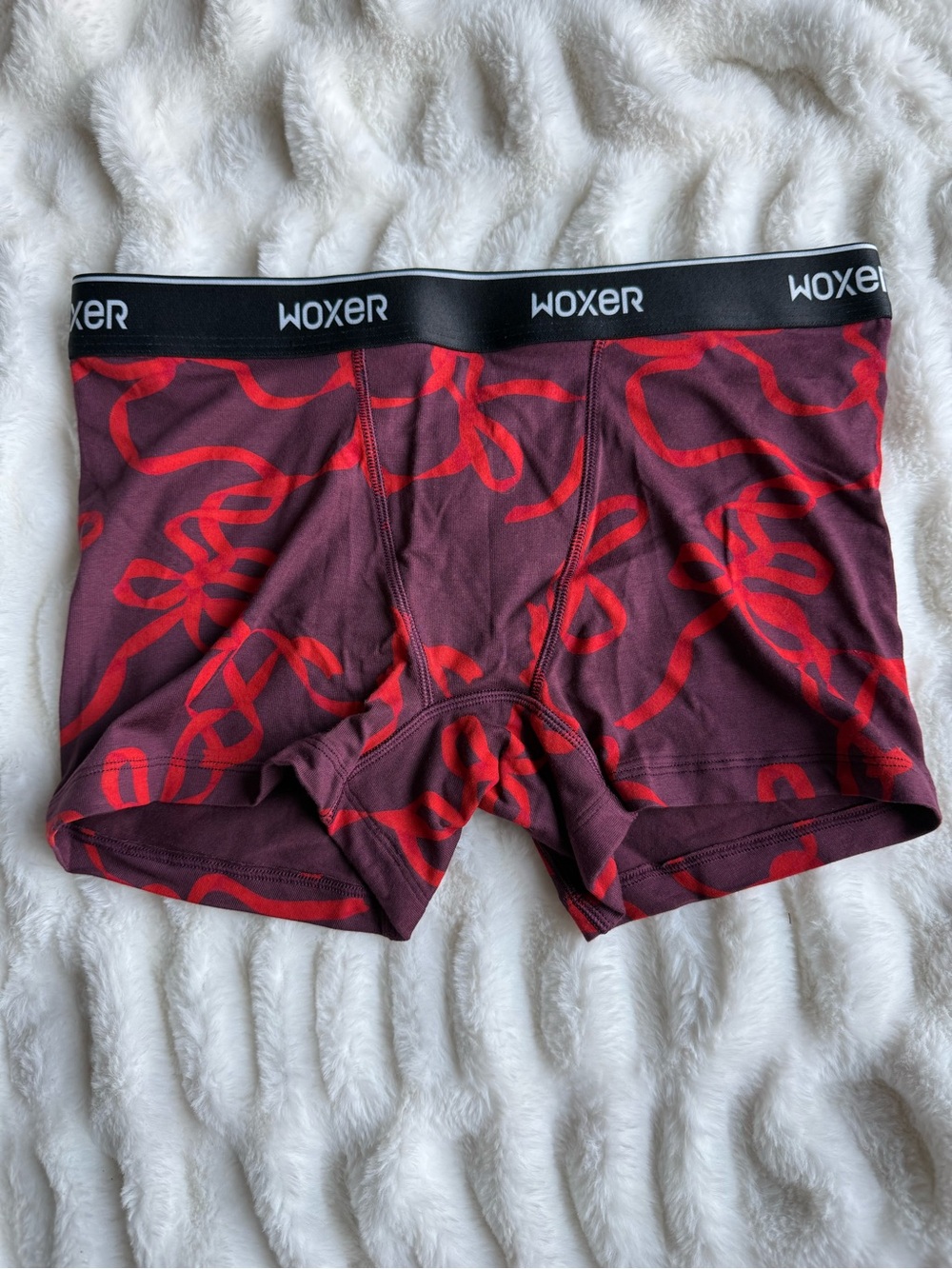 LIMITED EDITION Woxer Women's Burgundy Boxer Briefs with Red Ribbon Pattern